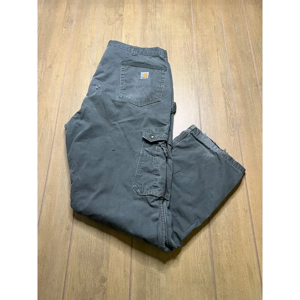 Vintage Carhartt Green Ripstop‎ Cargo Double Knee flannel-lined Actual Sz 38x30
